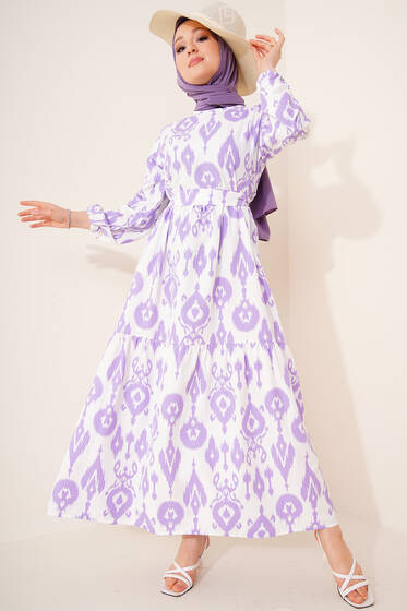 Monogram Desen Elbise Lila - Tesettür Elbise