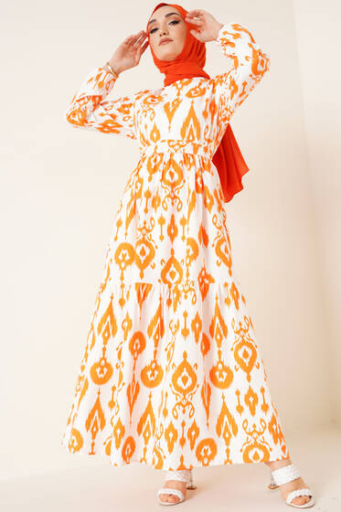 Monogram Desen Elbise Oranj - Tesettür Elbise