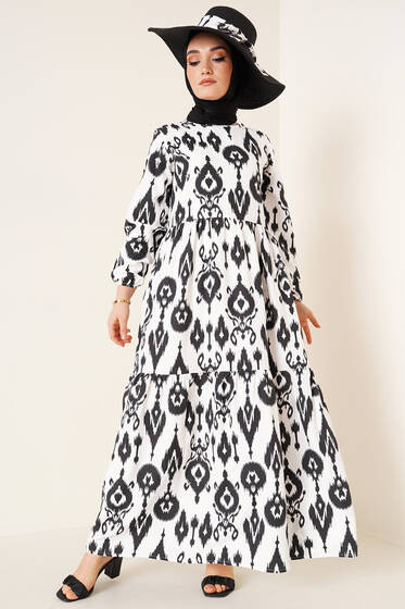 Monogram Desen Elbise Siyah - Tesettür Elbise