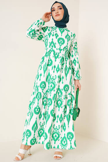 Monogram Desen Elbise Yeşil - Tesettür Elbise