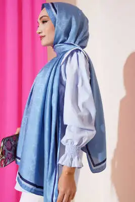 Monogram Desen Şerit Geçişli Şal Bebe Mavi - Başörtüsü
