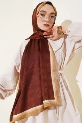 Monogram Desen Şerit Geçişli Şal Kahve - Başörtüsü