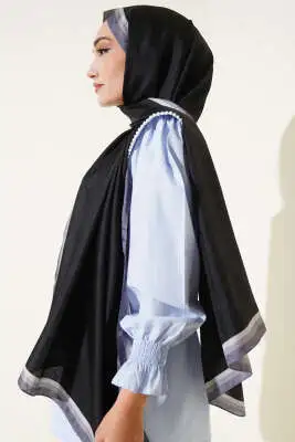 Monogram Desen Şerit Geçişli Şal Kayrak Grisi - Başörtüsü