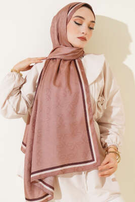 Monogram Desen Şerit Geçişli Şal Soft Kahve - Başörtüsü