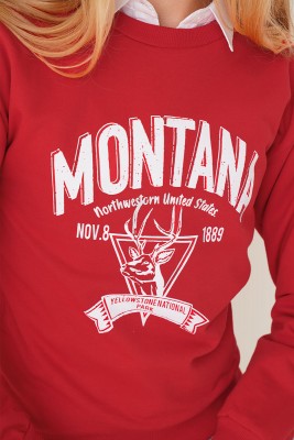 Montana Baskılı Kırmızı Sweatshirt - Thumbnail