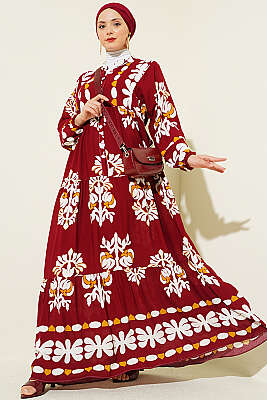 Motif Desen Hakim Yaka Elbise Bordo - ASME
