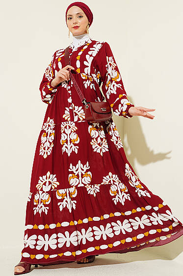 Motif Desen Hakim Yaka Elbise Bordo - Elbise