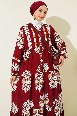 Motif Desen Hakim Yaka Elbise Bordo - Elbise