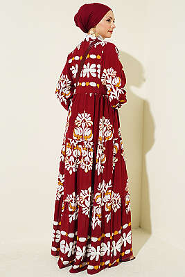 Motif Desen Hakim Yaka Elbise Bordo - Elbise