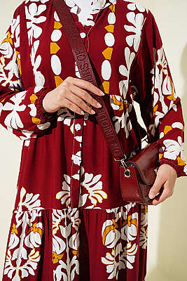 Motif Desen Hakim Yaka Elbise Bordo - Elbise