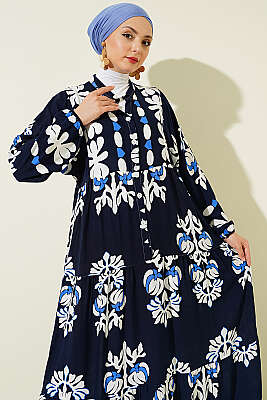 Motif Desen Hakim Yaka Elbise Lacivert - Elbise