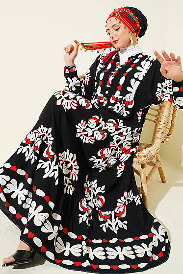 Motif Desen Hakim Yaka Elbise Siyah - Elbise