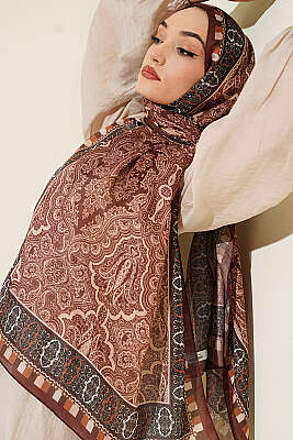 Motif Desenli Soft Şal Kestane 