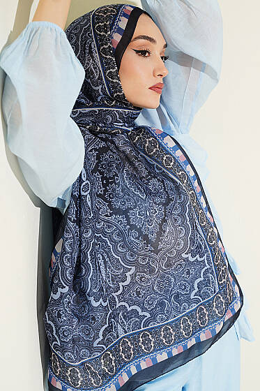 Motif Desenli Soft Şal Lacivert Mavi - Başörtüsü