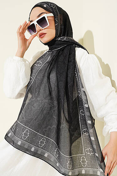 Motif Desenli Soft Şal Siyah - Başörtüsü