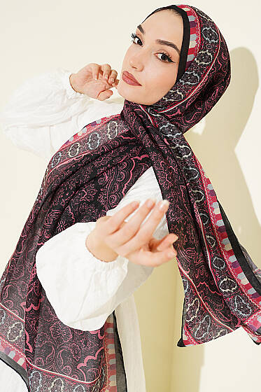 Motif Desenli Soft Şal Siyah Pembe - Başörtüsü