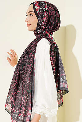 Motif Desenli Soft Şal Siyah Pembe - Başörtüsü