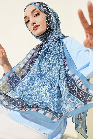 Motif Desenli Soft Şal Soft Mavi - Başörtüsü