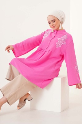Motif Nakışlı Pembe Tunik - Tunik