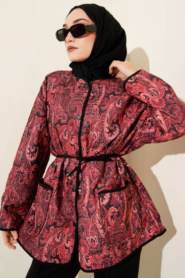 Motifli Çıtçıt Düğmeli Ceket Bordo - Ceket