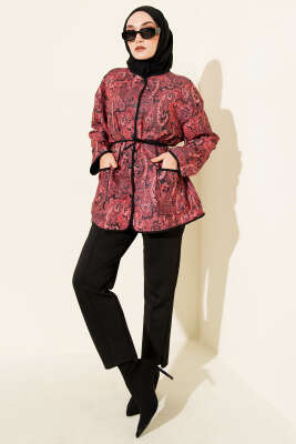 Motifli Çıtçıt Düğmeli Ceket Bordo - Ceket