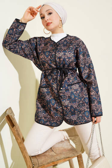 Motifli Çıtçıtlı Kapitone Ceket Lacivert - Ceket