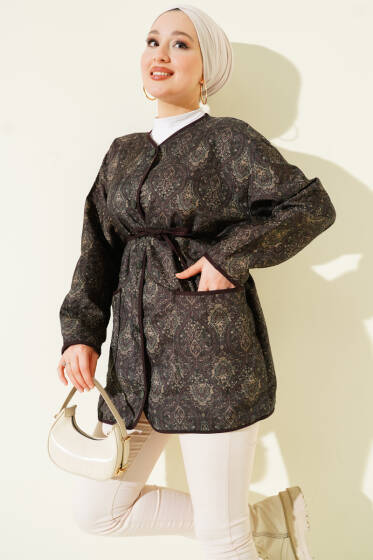 Motifli Çıtçıtlı Kapitone Ceket Mürdüm - Ceket