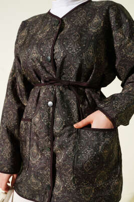 Motifli Çıtçıtlı Kapitone Ceket Mürdüm - Ceket