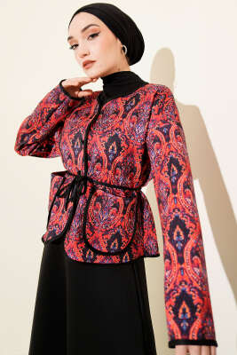Motifli Düğmeli Kısa Ceket Bordo - TABLO FASHİON