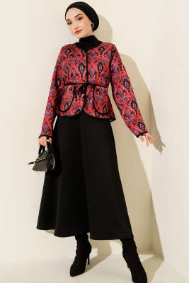 Motifli Düğmeli Kısa Ceket Bordo - Ceket