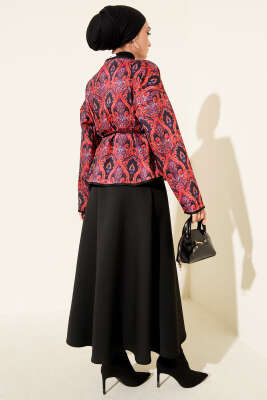 Motifli Düğmeli Kısa Ceket Bordo - Ceket