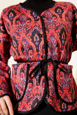 Motifli Düğmeli Kısa Ceket Bordo - Ceket