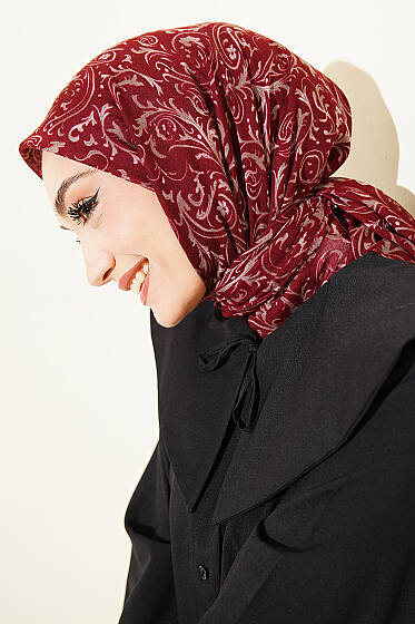 Motifli Flamu Cotton Eşarp Bordo - Başörtüsü
