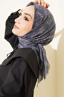 Motifli Flamu Cotton Eşarp Füme 