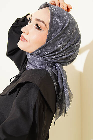 Motifli Flamu Cotton Eşarp Füme - Başörtüsü
