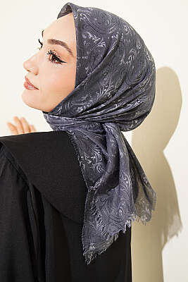 Motifli Flamu Cotton Eşarp Füme - Başörtüsü
