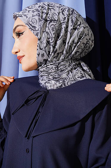 Motifli Flamu Cotton Eşarp Gri - Başörtüsü