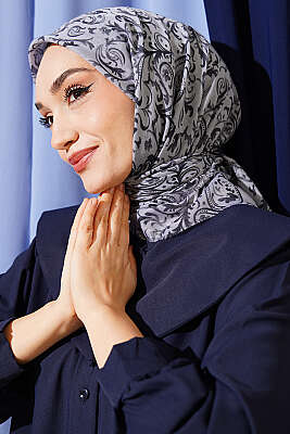 Motifli Flamu Cotton Eşarp Gri - Başörtüsü