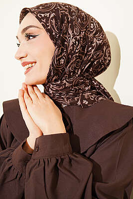 Motifli Flamu Cotton Eşarp Kahve - Başörtüsü