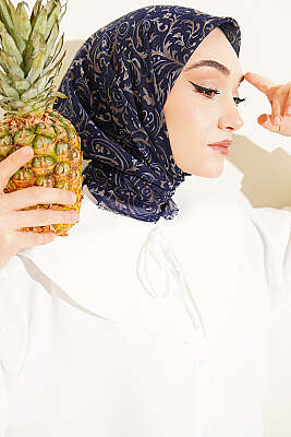 Motifli Flamu Cotton Eşarp Lacivert - SARPA