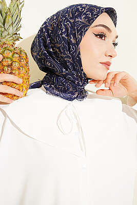 Motifli Flamu Cotton Eşarp Lacivert - Başörtüsü