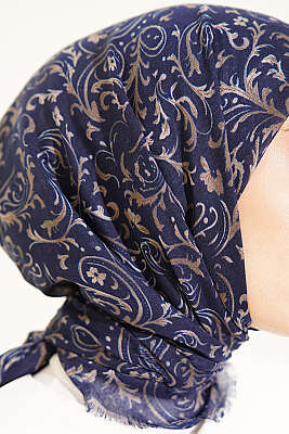 Motifli Flamu Cotton Eşarp Lacivert - Başörtüsü