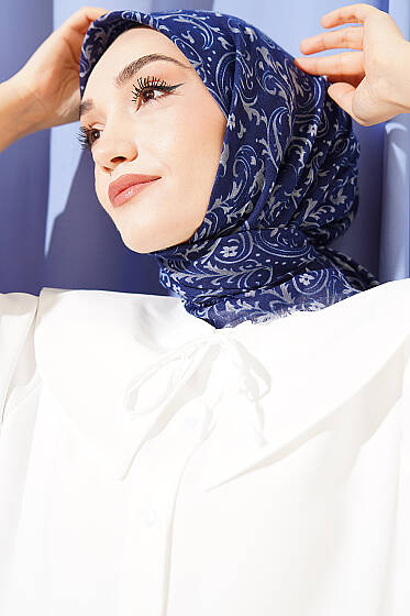 Motifli Flamu Cotton Eşarp Lacivert Gri - Başörtüsü