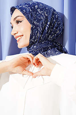 Motifli Flamu Cotton Eşarp Lacivert Gri - Başörtüsü
