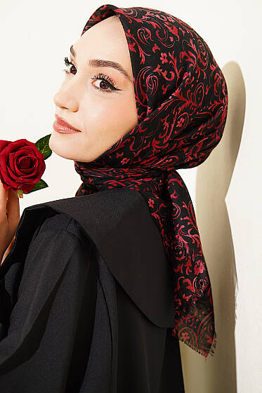 Motifli Flamu Cotton Eşarp Siyah Bordo - Başörtüsü