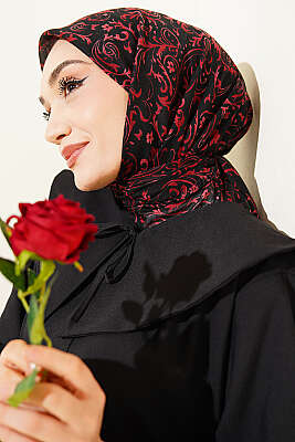 Motifli Flamu Cotton Eşarp Siyah Bordo - Başörtüsü
