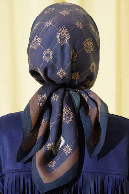 Motifli Modal Eşarp Lacivert - Başörtüsü
