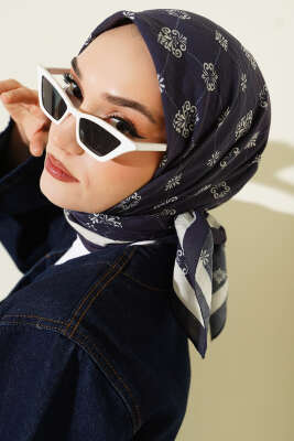 Motifli Modal Eşarp Lacivert Taş 