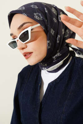Motifli Modal Eşarp Lacivert Taş - Başörtüsü