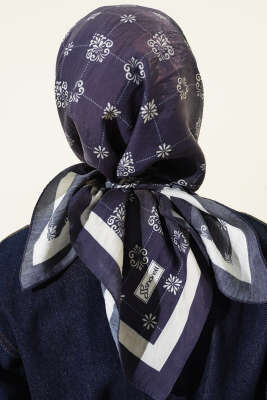 Motifli Modal Eşarp Lacivert Taş - Başörtüsü
